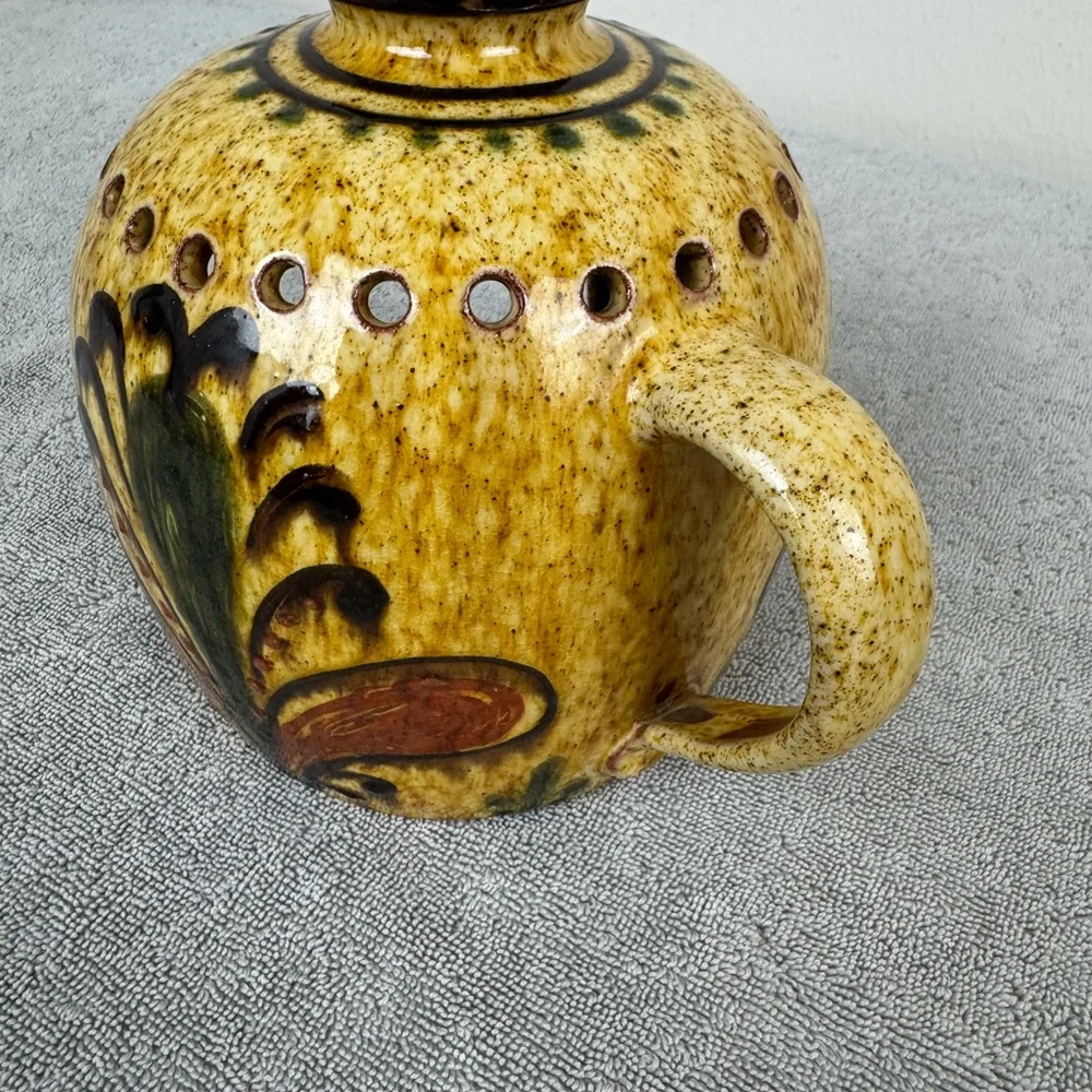 VTG Anton Lang Studios Red Clay Pottery Candle Holder w/ Handle Floral Germany